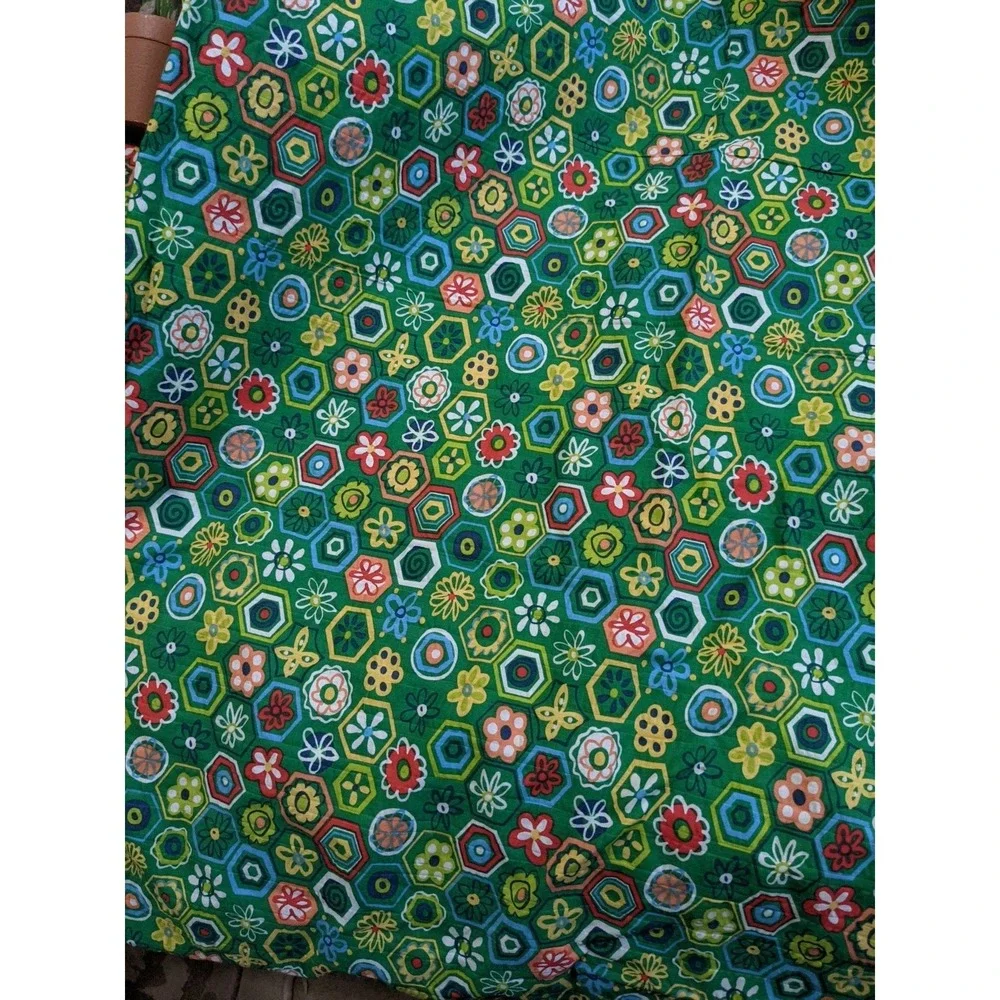 Vintage Bloomcraft Screenprint Fabric Green‎ Floral Hexagon Geometric 1 Yard